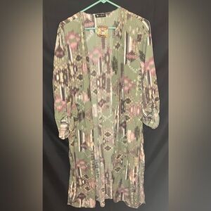Vision USA  Green Aztec Printed Kimono Duster Cardigan Roll Tab Sleeves 2xl NWT